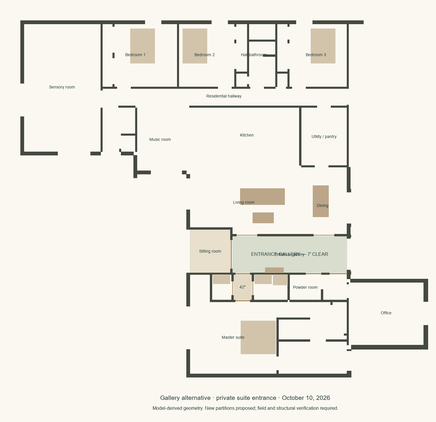 Proposed floor plan with the entrance gallery, terminal cased opening, sitting room and revised primary closet.