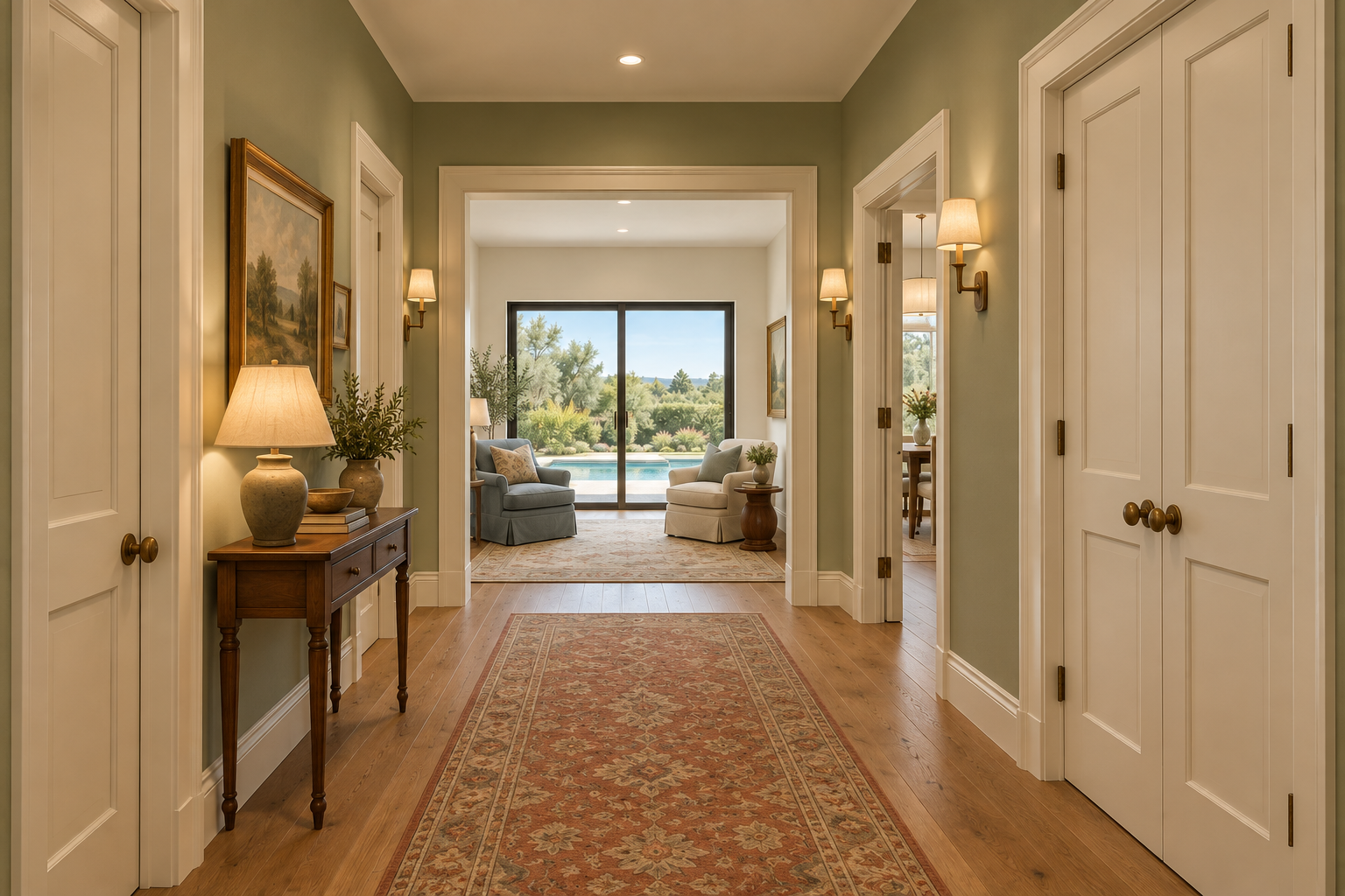 Sage entrance gallery with ivory casings, painted side doors, a walnut console and a separate sitting room beyond a wide cased opening.