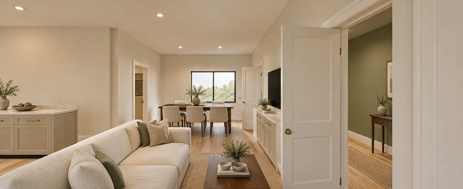 Smaller living-room seating and dining in the gallery-house alternative.