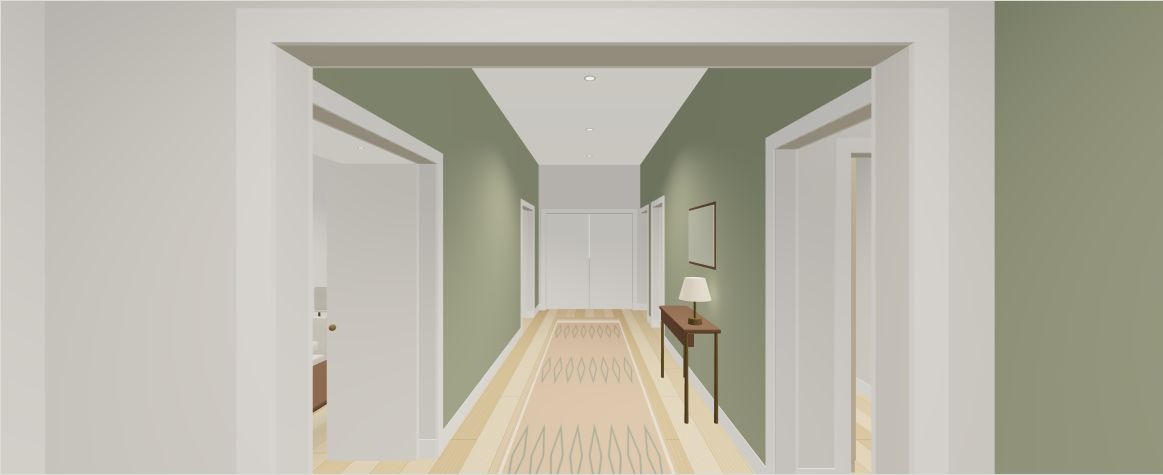 Actual measured model from the sitting room toward the front door.