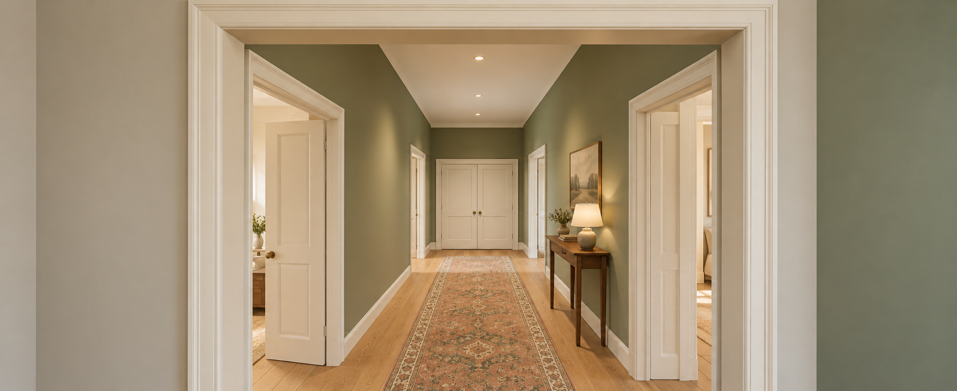 Sitting room looking back through the cased opening toward the entrance gallery.